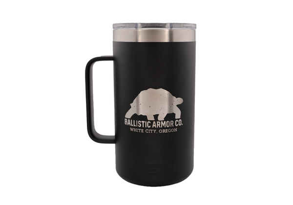 Black Yeti mug with Ballistic Armor Co. Logo