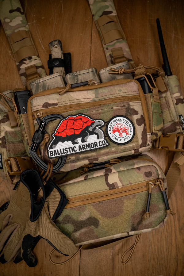 "Can't Break this Shell" and "Ballistic Armor Co" Patch on Camo Acetac chest rig