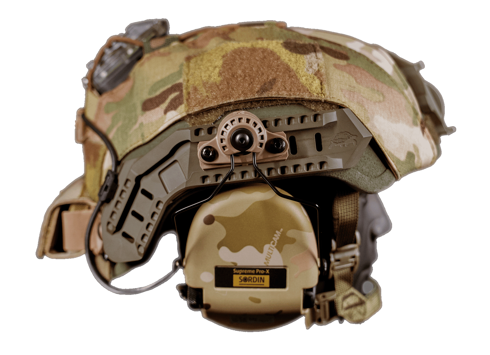 Bastion helmet with SlideLock wearing multicam cover and Sordin headset